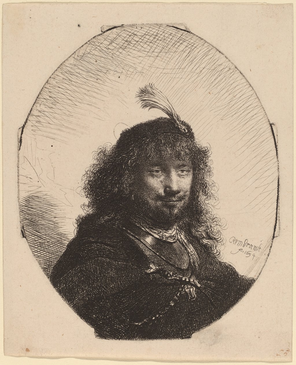 Omakuva (?) umpinaisella lippalla ja alhaalla miekalla tekijältä Rembrandt van Rijn