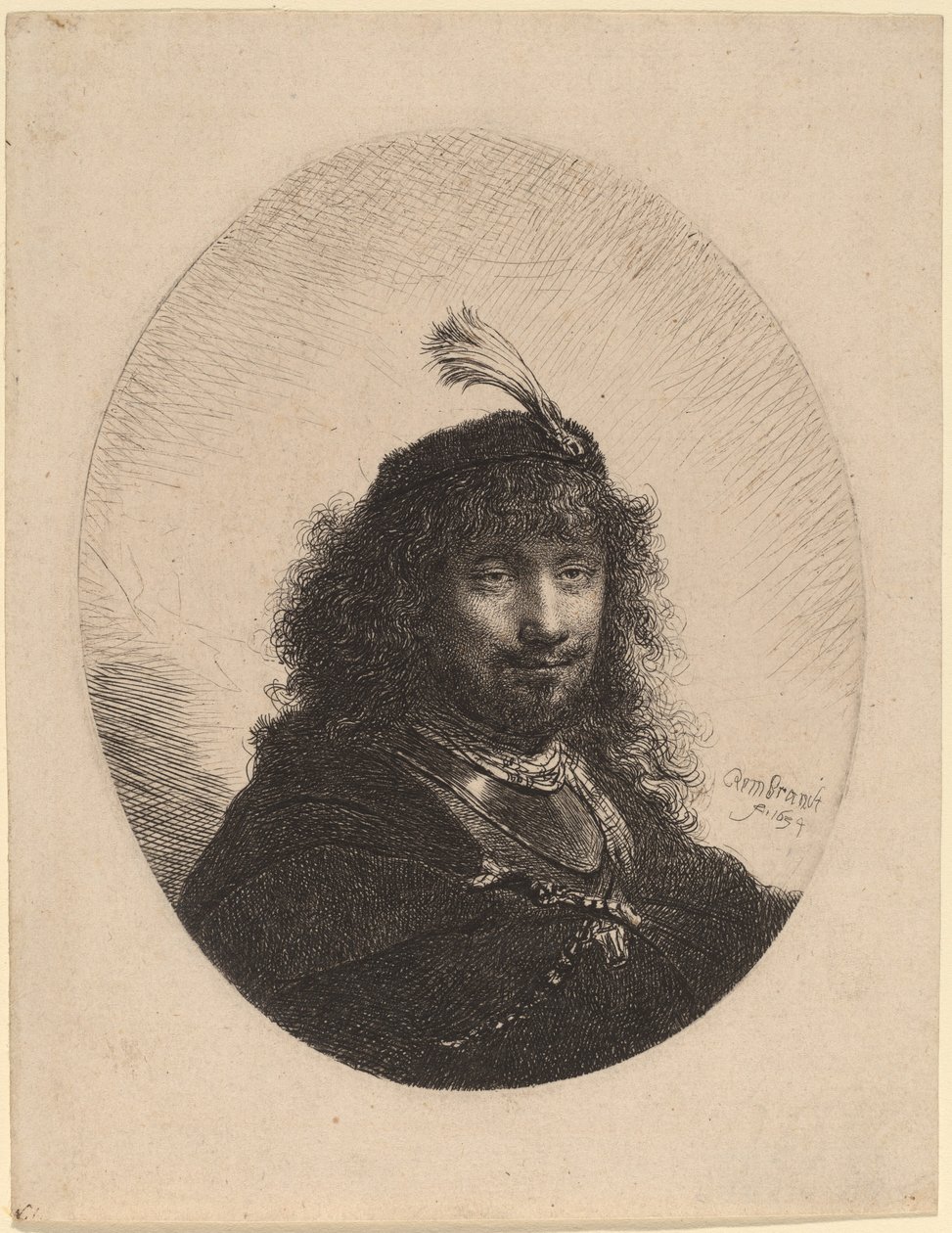 Omakuva (?) umpinaisella lippalla ja alhaalla miekalla tekijältä Rembrandt van Rijn