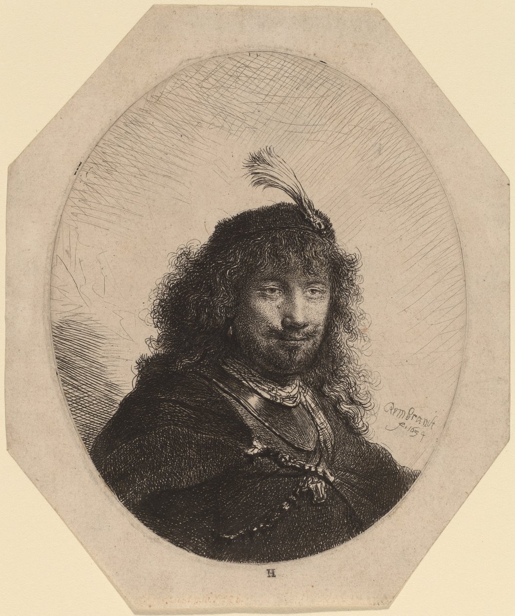 Omakuva (?) umpinaisella lippalla ja alhaalla miekalla tekijältä Rembrandt van Rijn