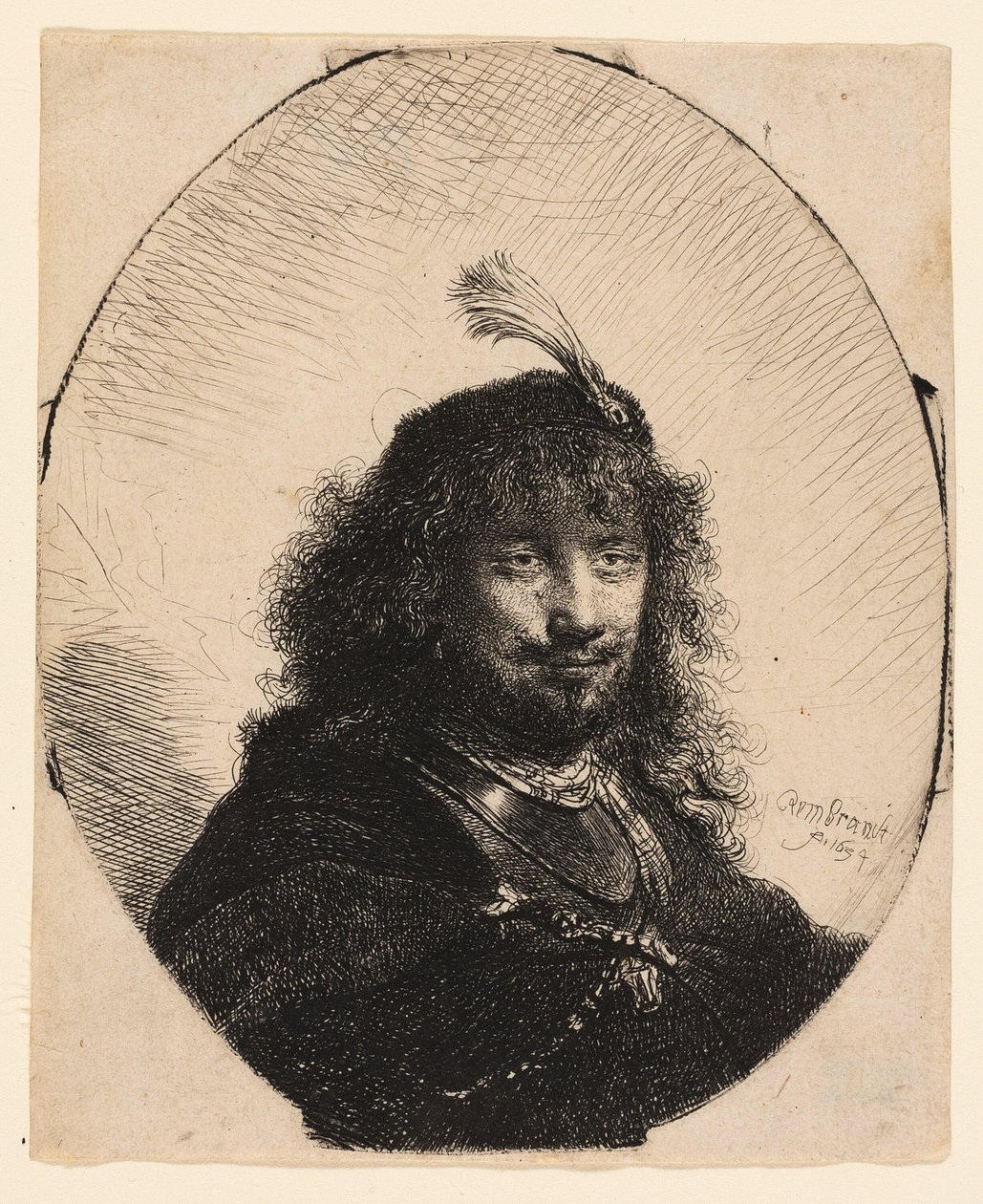 Omakuva (?) umpinaisella lippalla ja alhaalla miekalla tekijältä Rembrandt van Rijn