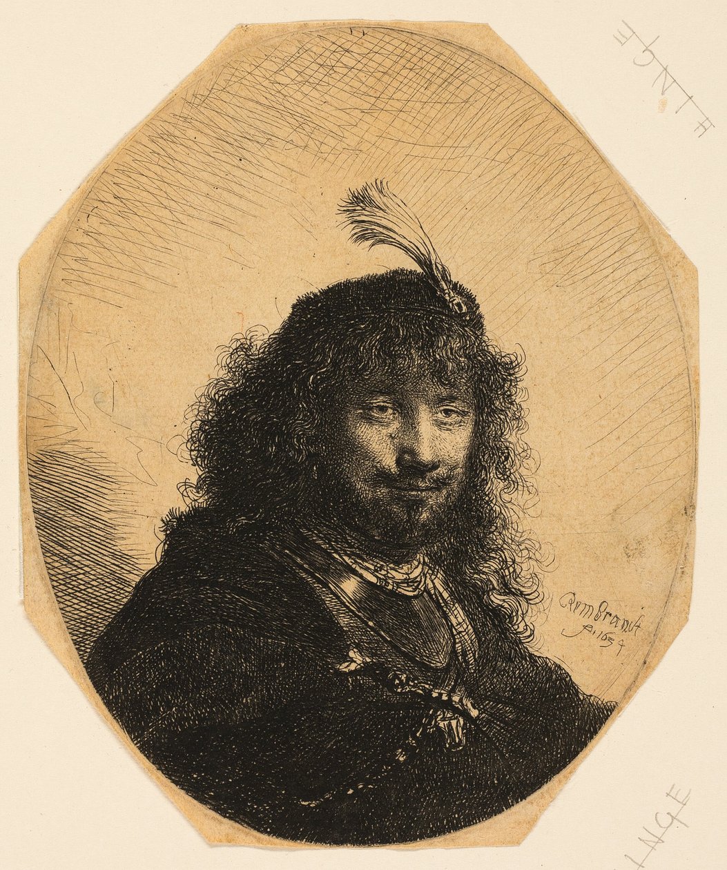 Omakuva (?) umpinaisella lippalla ja alhaalla miekalla tekijältä Rembrandt van Rijn