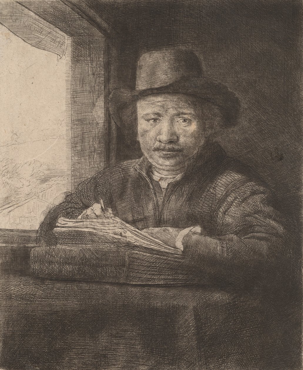 Omakuvapiirustus ikkunassa, 1648. tekijältä Rembrandt van Rijn
