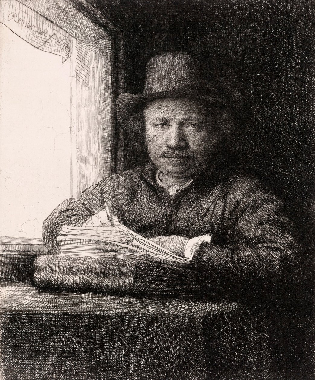 Rembrandt van Rijnin omakuvapiirustus ikkunassa tekijältä Rembrandt van Rijn