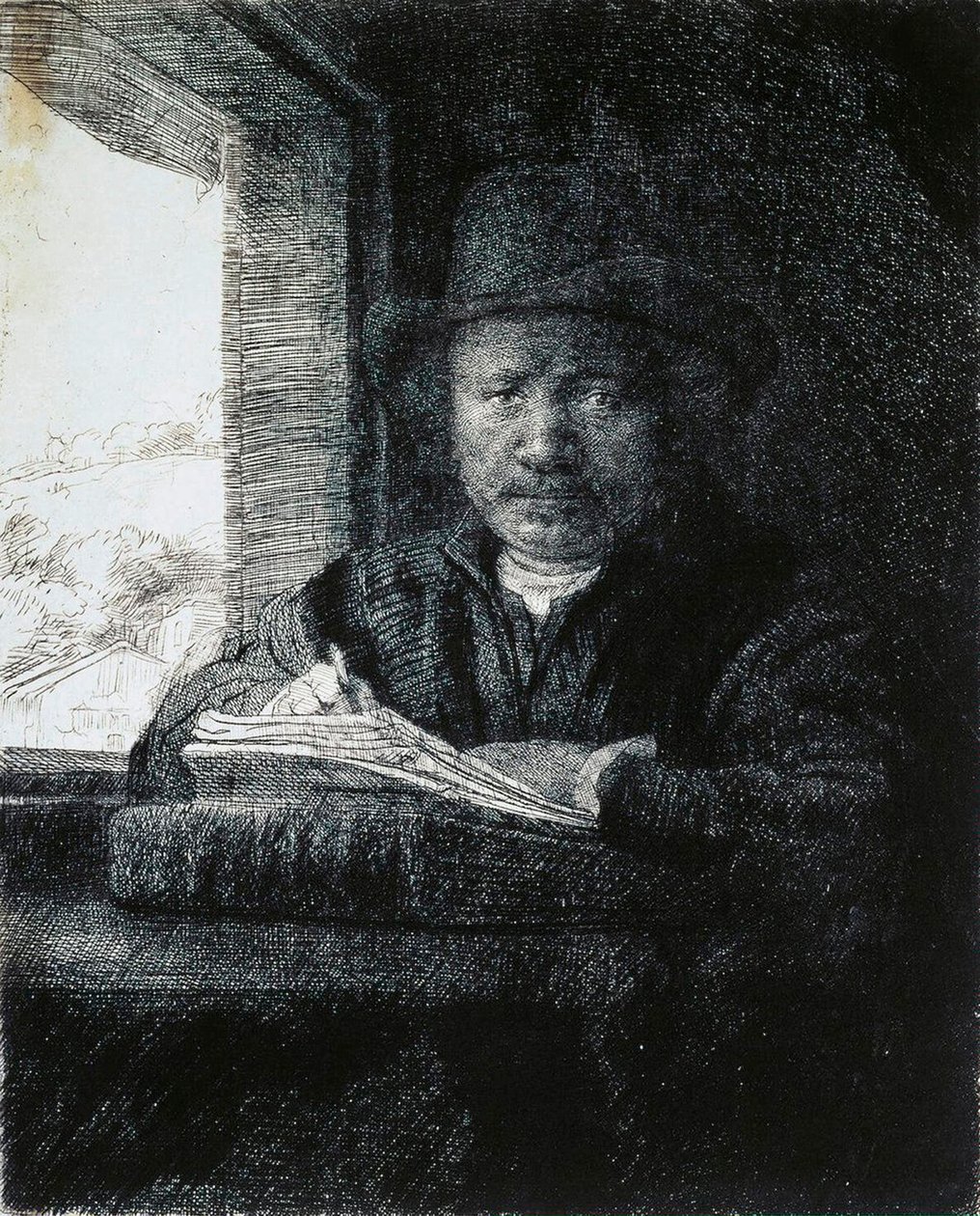Omakuva piirustus ikkunasta, 1648. tekijältä Rembrandt van Rijn
