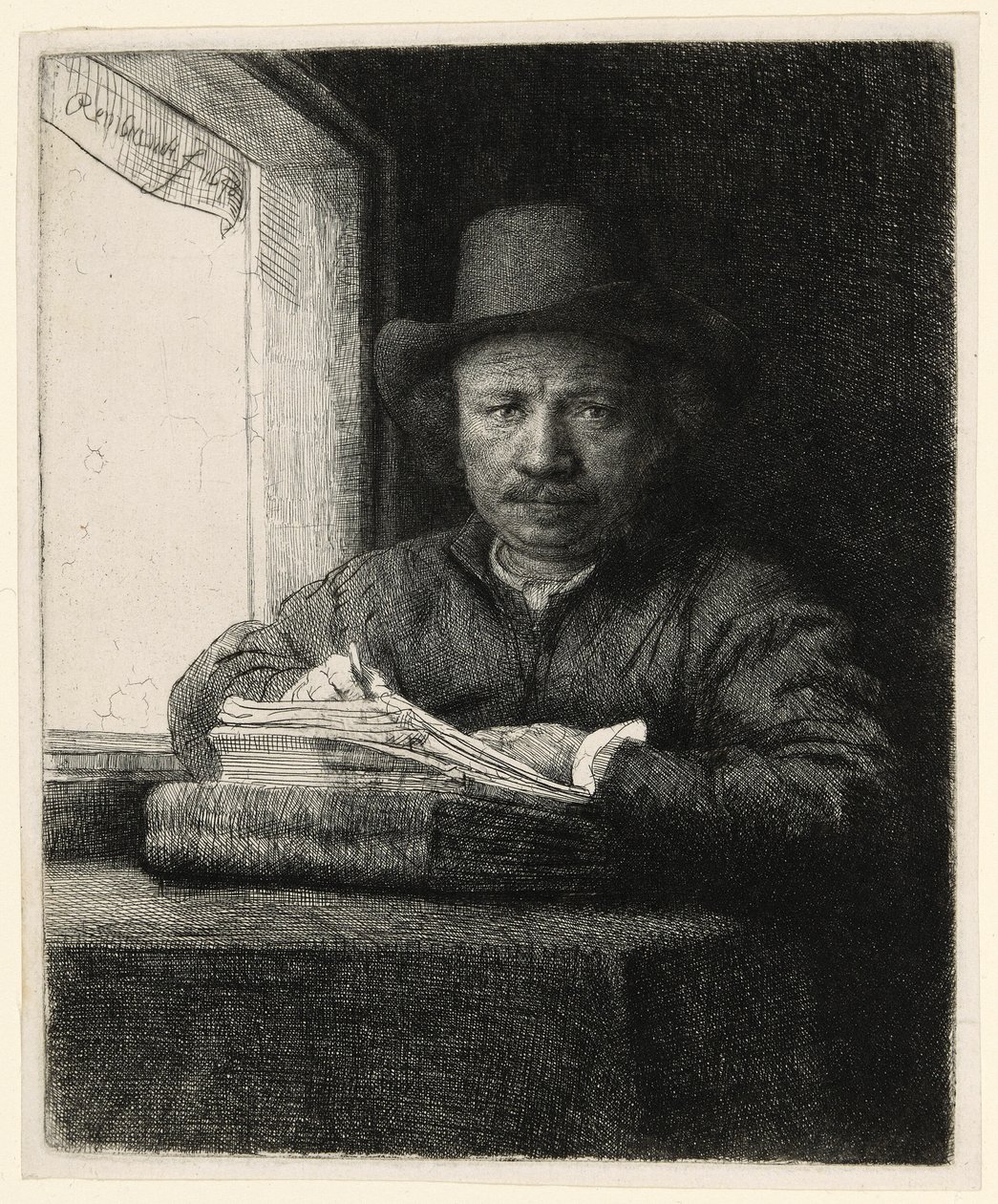 Omakuva etsaus ikkunassa tekijältä Rembrandt van Rijn
