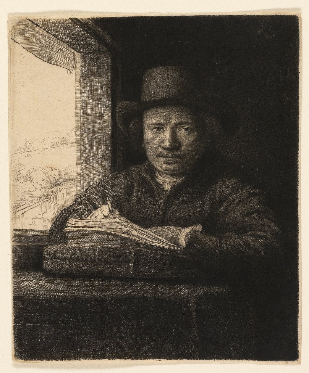 Omakuvaetsaus ikkunassa tekijältä Rembrandt van Rijn