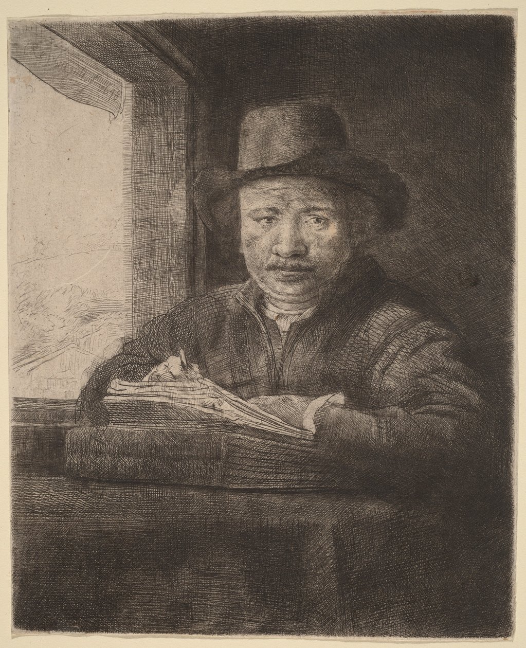 Omakuva: Etsaus ikkunan ääressä tekijältä Rembrandt van Rijn