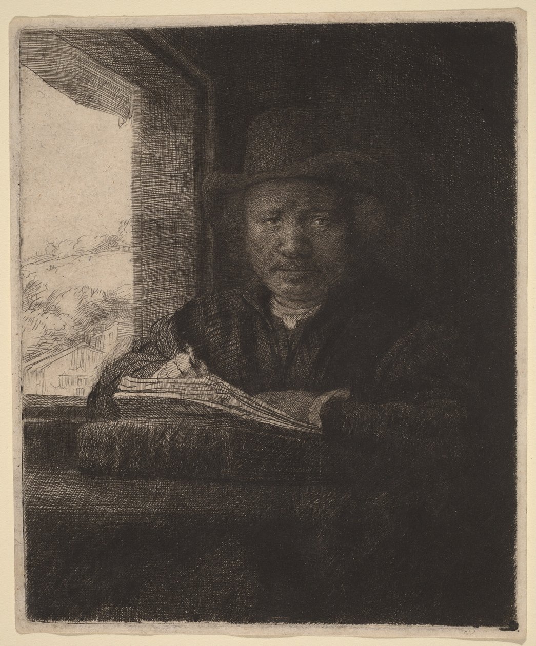 Omakuva: Etsaus ikkunan ääressä tekijältä Rembrandt van Rijn