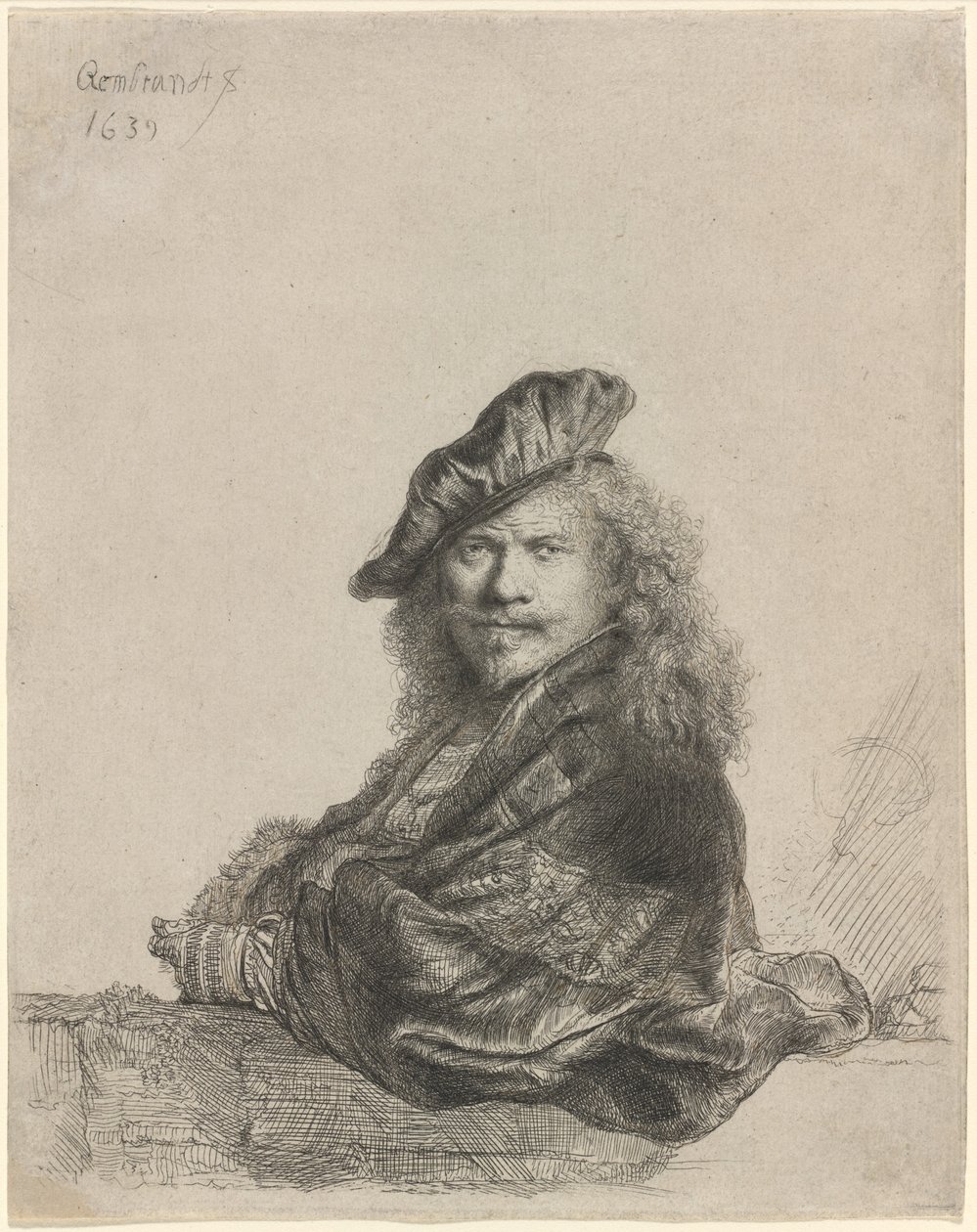 Omakuva kivikynnykselle nojaten tekijältä Rembrandt van Rijn