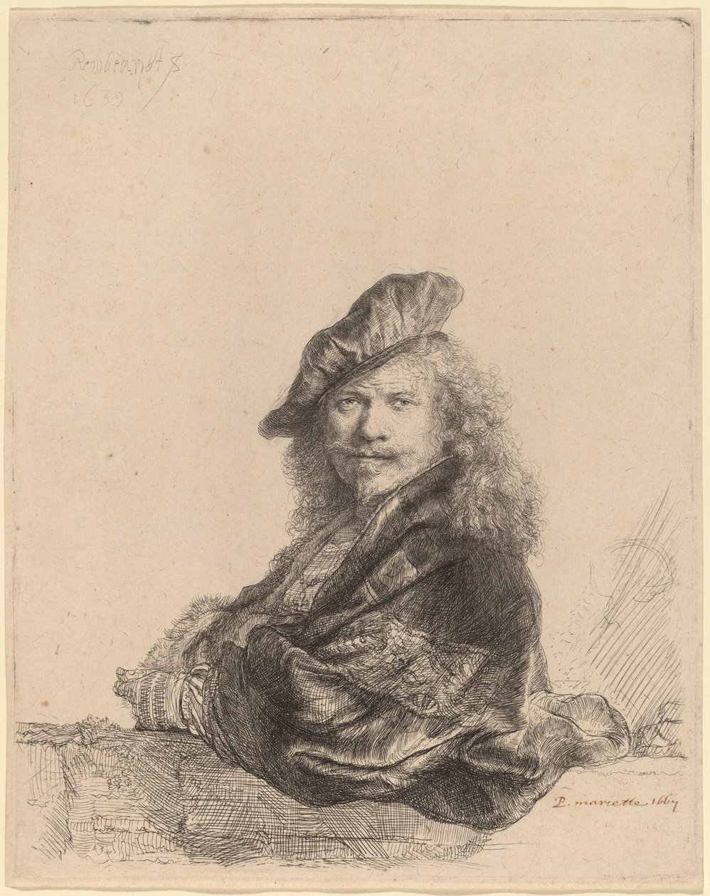 Omakuva kivikynnykselle nojaten tekijältä Rembrandt van Rijn