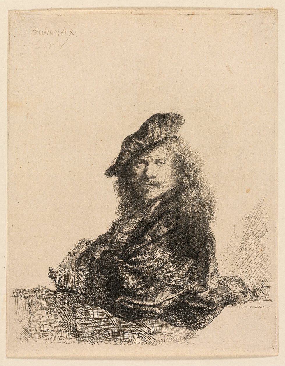 Omakuva kivikynnykselle nojaten tekijältä Rembrandt van Rijn