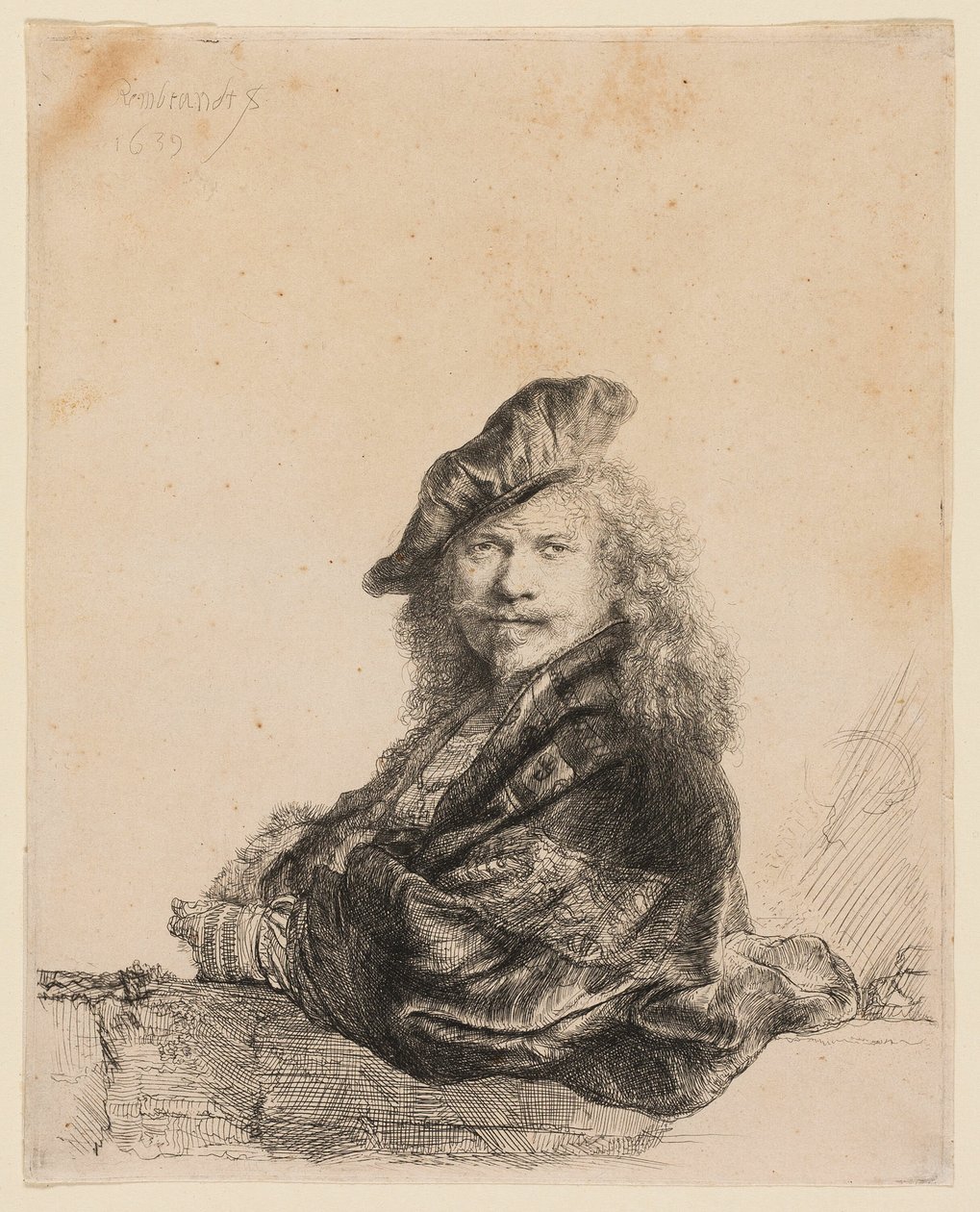 Omakuva kivikynnykselle nojaten tekijältä Rembrandt van Rijn