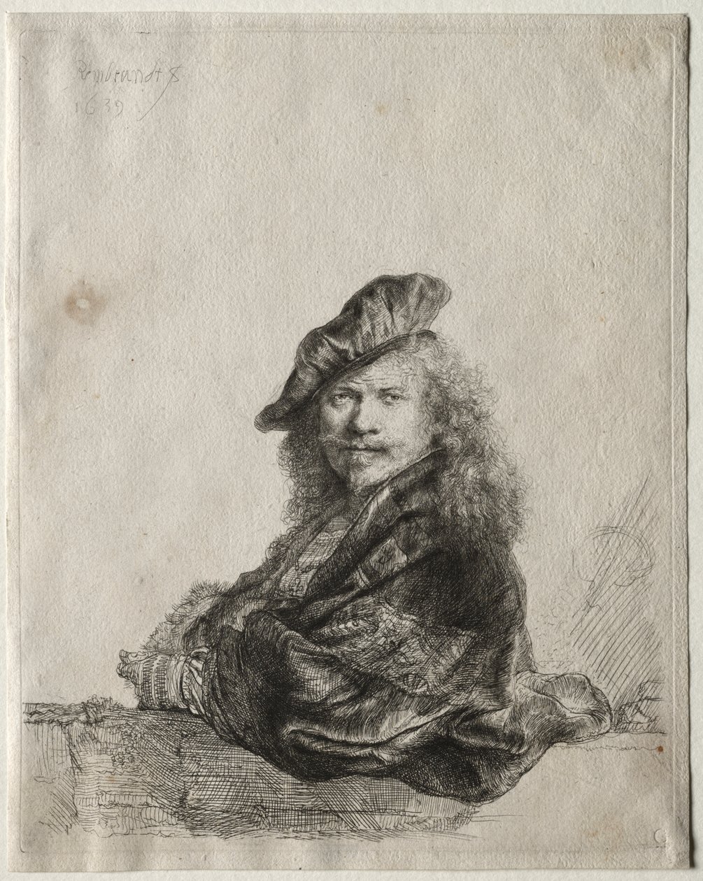 Omakuva kivikynnykselle nojaten tekijältä Rembrandt van Rijn