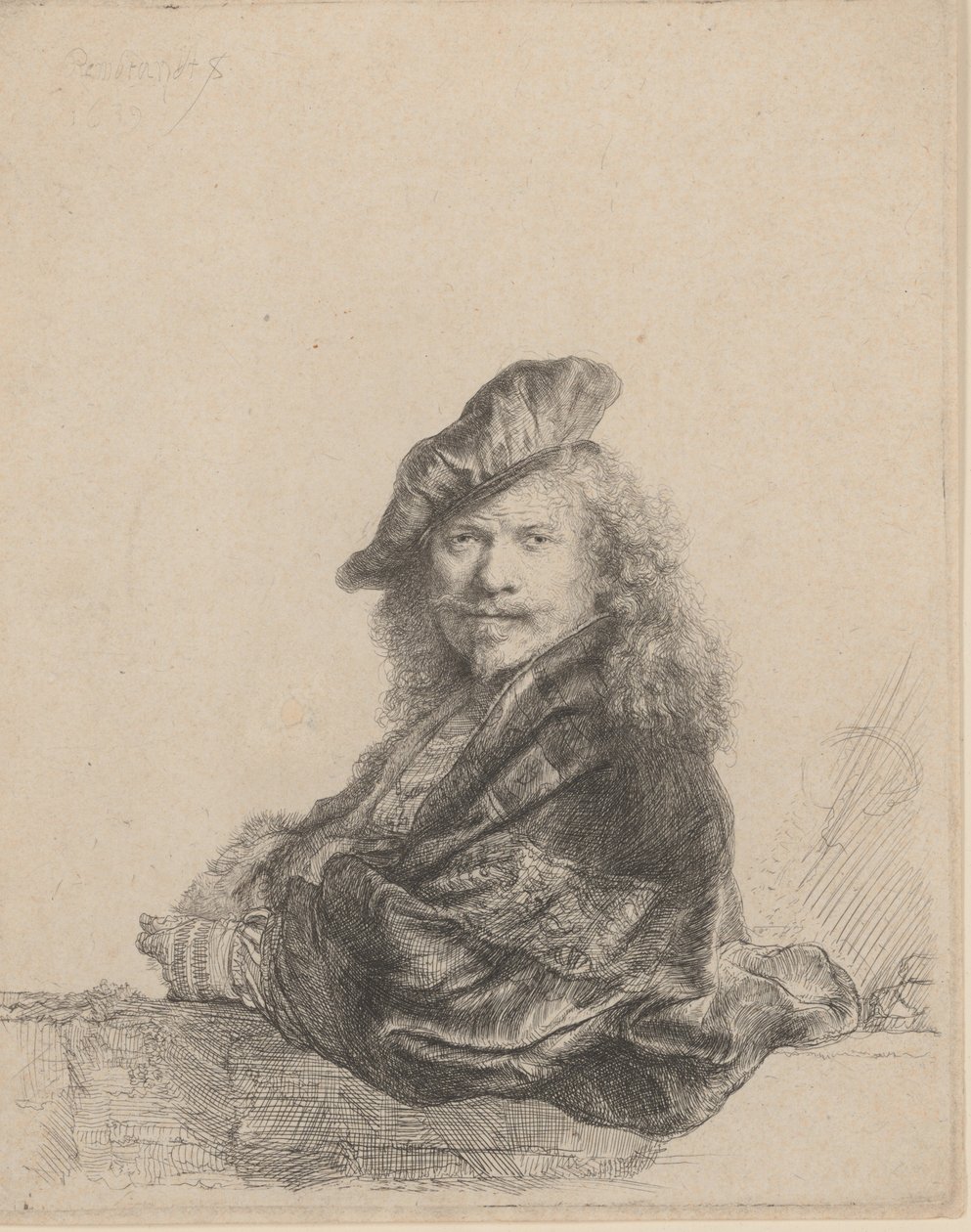 Omakuva kivikynnykselle nojaten, 1639, 1639. tekijältä Rembrandt van Rijn