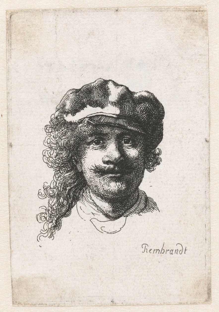 Omakuva pehmeä lippalakki päällä: koko kasvot, vain pää, c. 1635. tekijältä Rembrandt van Rijn