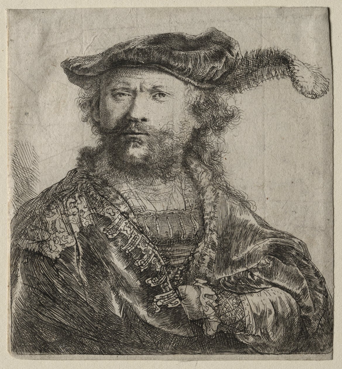 Omakuva samettilipsissä, jossa on plume tekijältä Rembrandt van Rijn