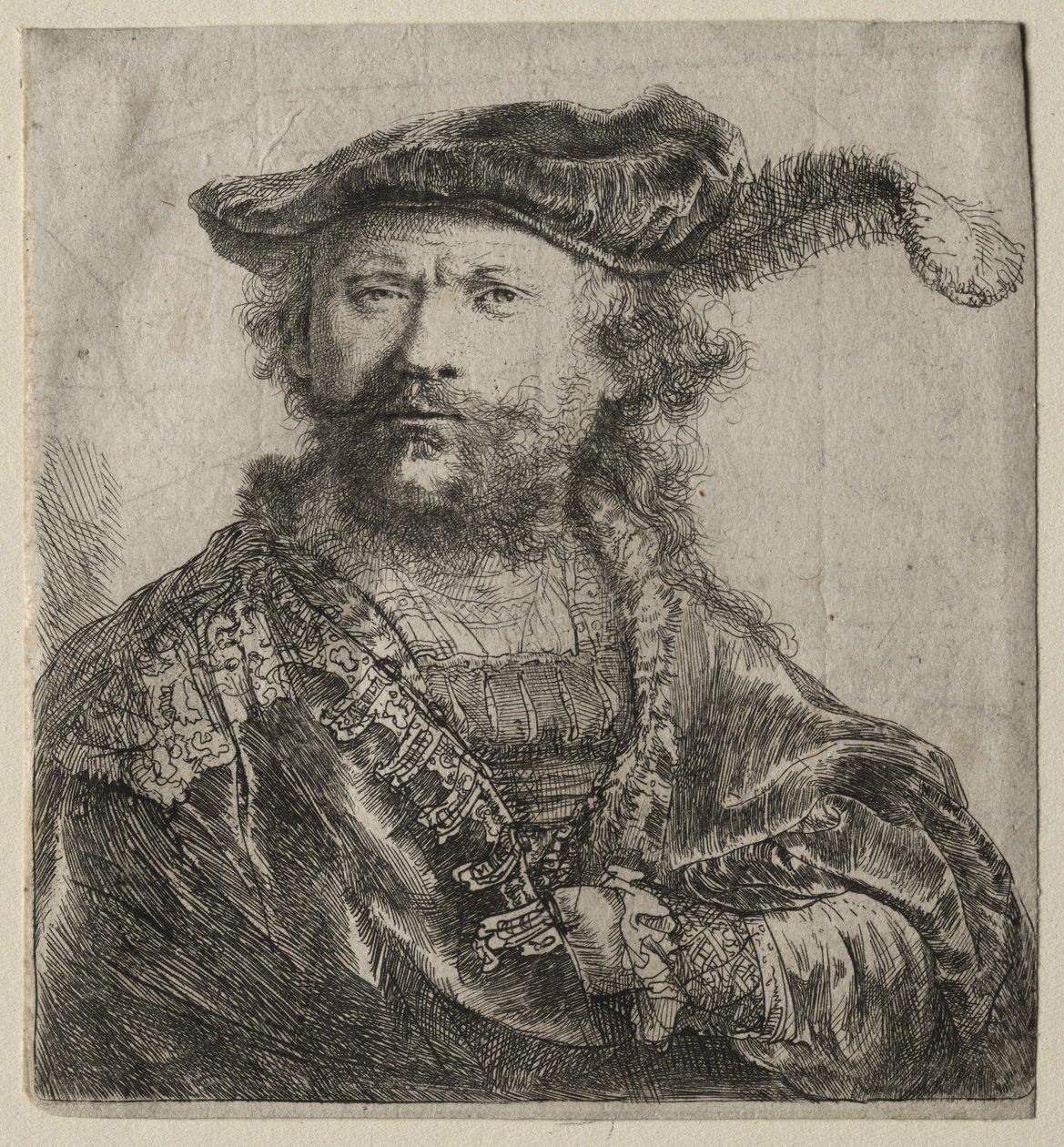 Omakuva samettilipsissä, jossa on plume, 1638. tekijältä Rembrandt van Rijn