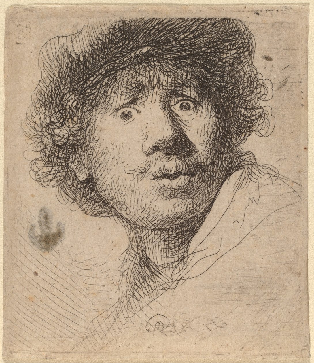 Omakuva lippiksessä, suu auki tekijältä Rembrandt van Rijn