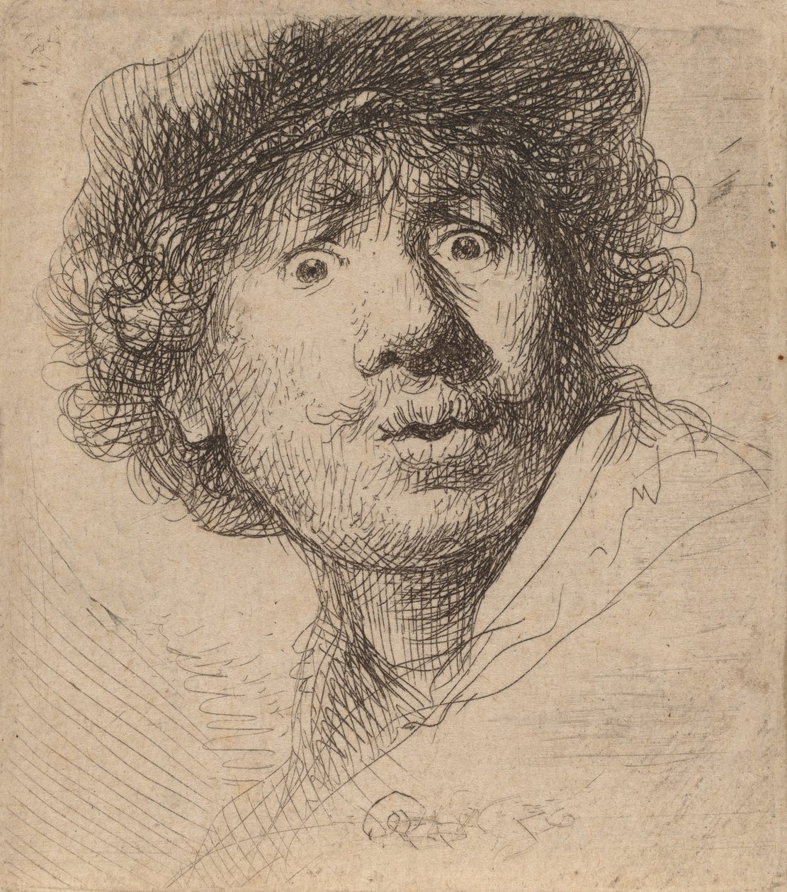 Omakuva lippiksessä, suu auki, 1630. tekijältä Rembrandt van Rijn
