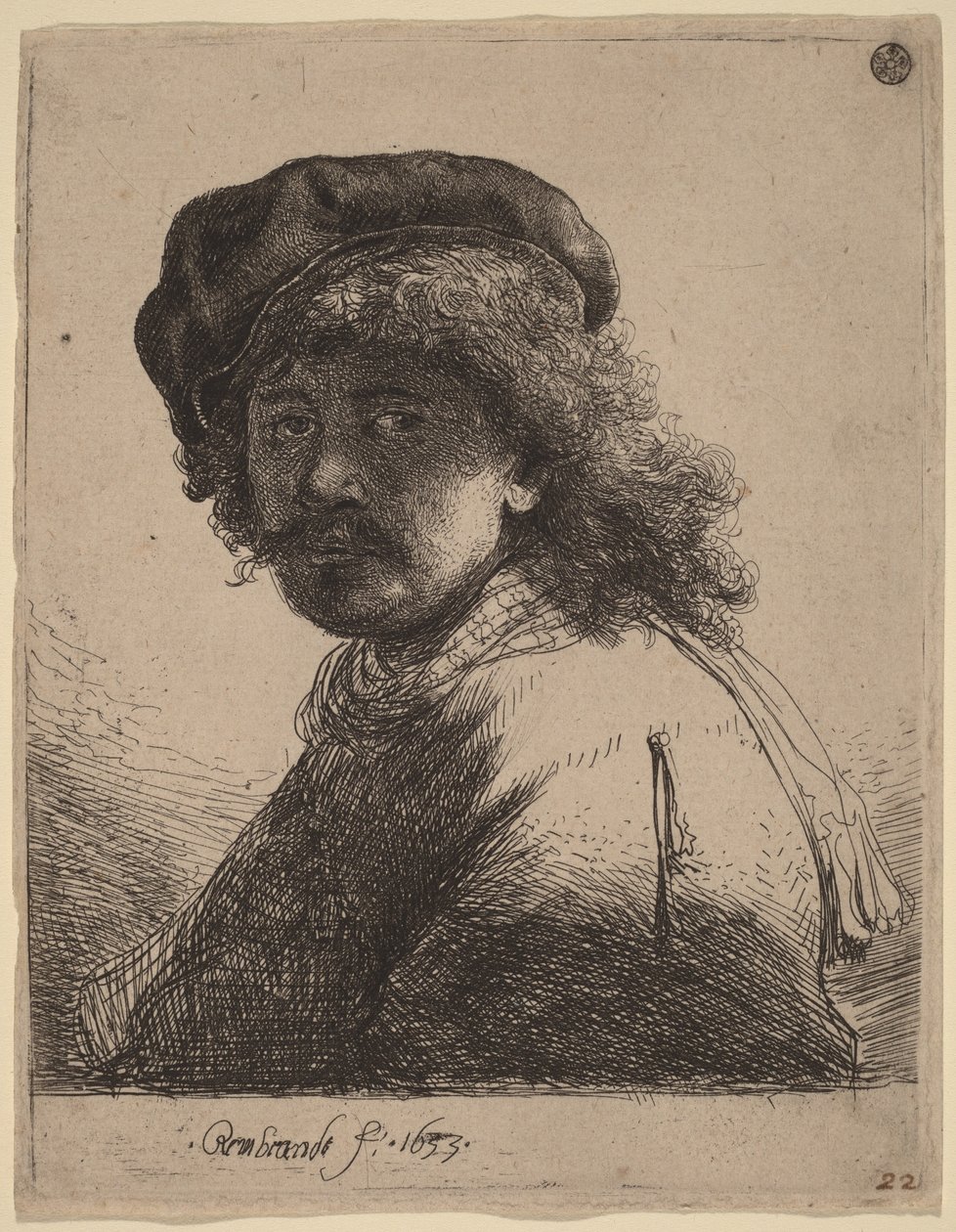 Omakuva, jossa on lippalakki ja huivi ja kasvojen alue on tummennettu tekijältä Rembrandt van Rijn