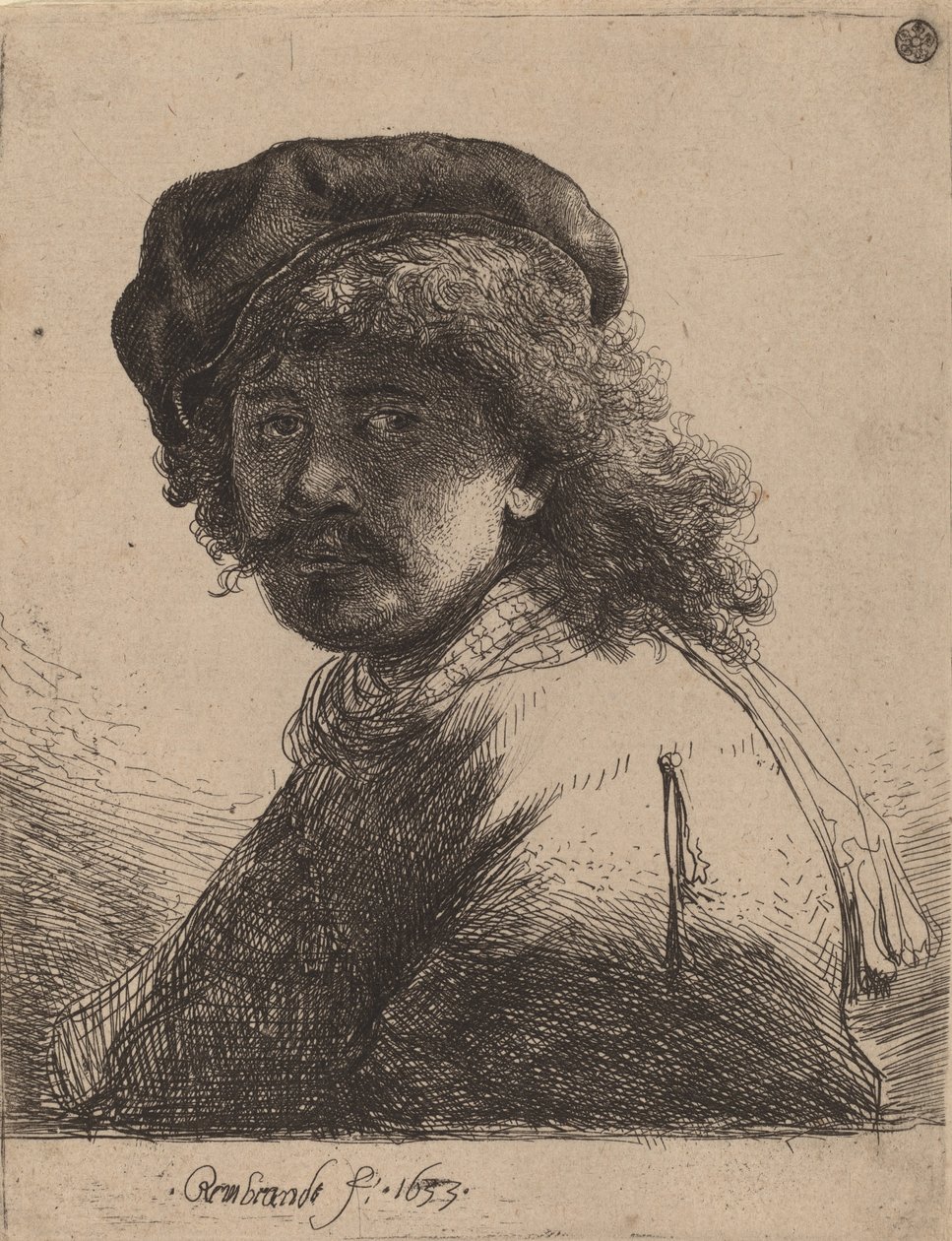 Omakuva lippiksessä ja huivissa tummat kasvot, 1633. tekijältä Rembrandt van Rijn
