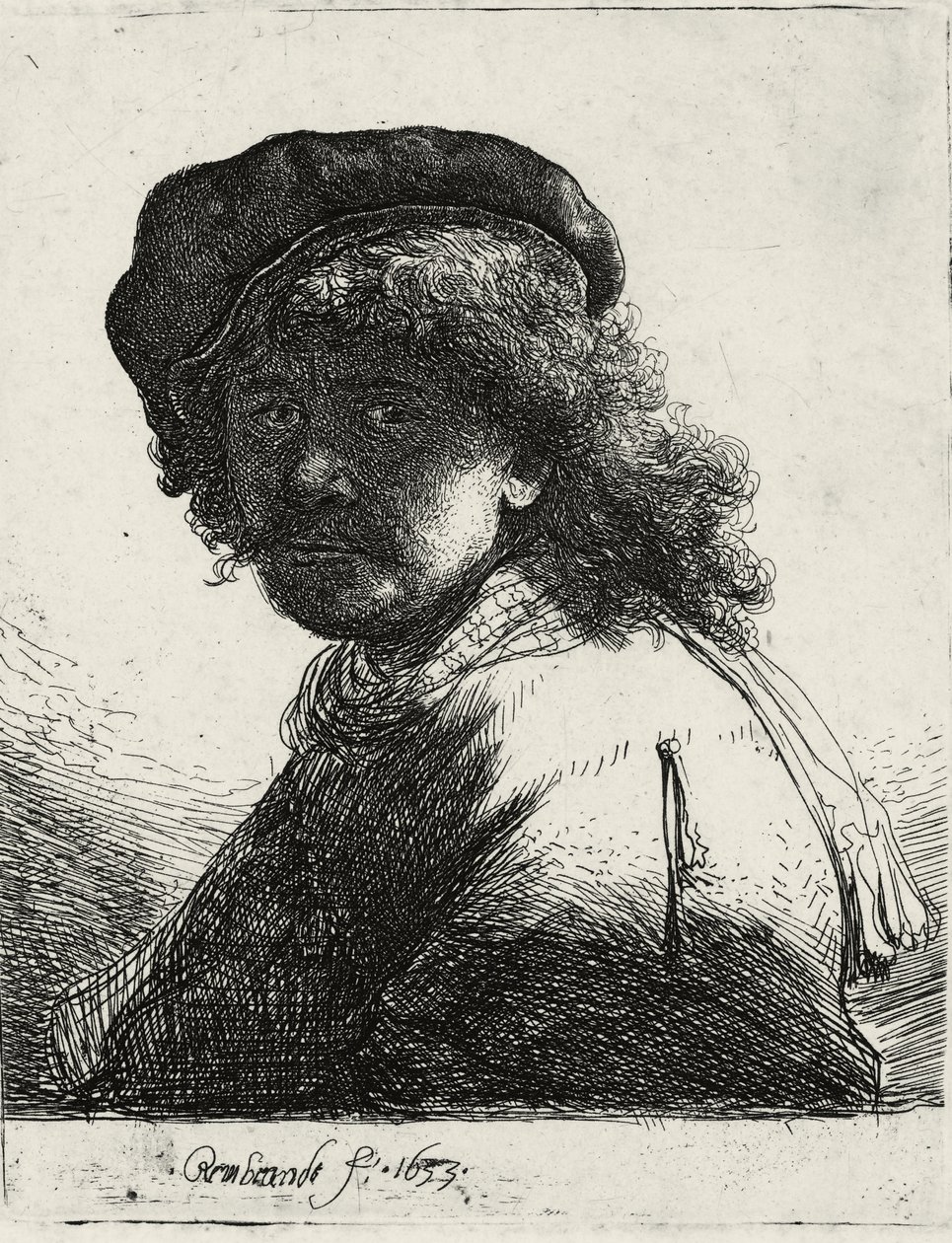 Omakuva lippiksessä ja huivissa ja tummat kasvot, 1633 tekijältä Rembrandt van Rijn