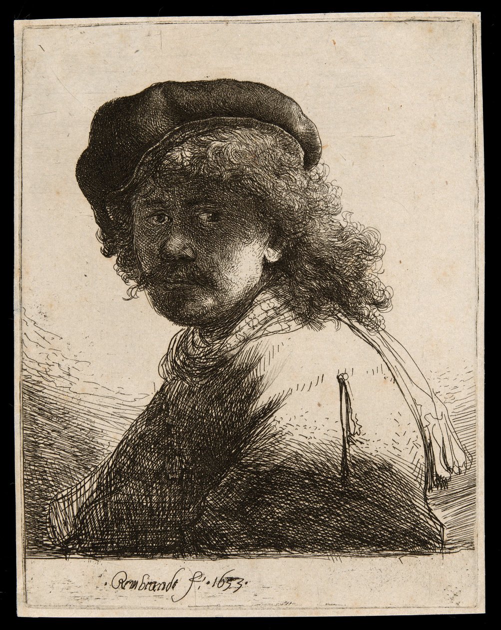 Omakuva lippiksessä ja huivissa, jossa kasvot tumma: rintakuva tekijältä Rembrandt van Rijn