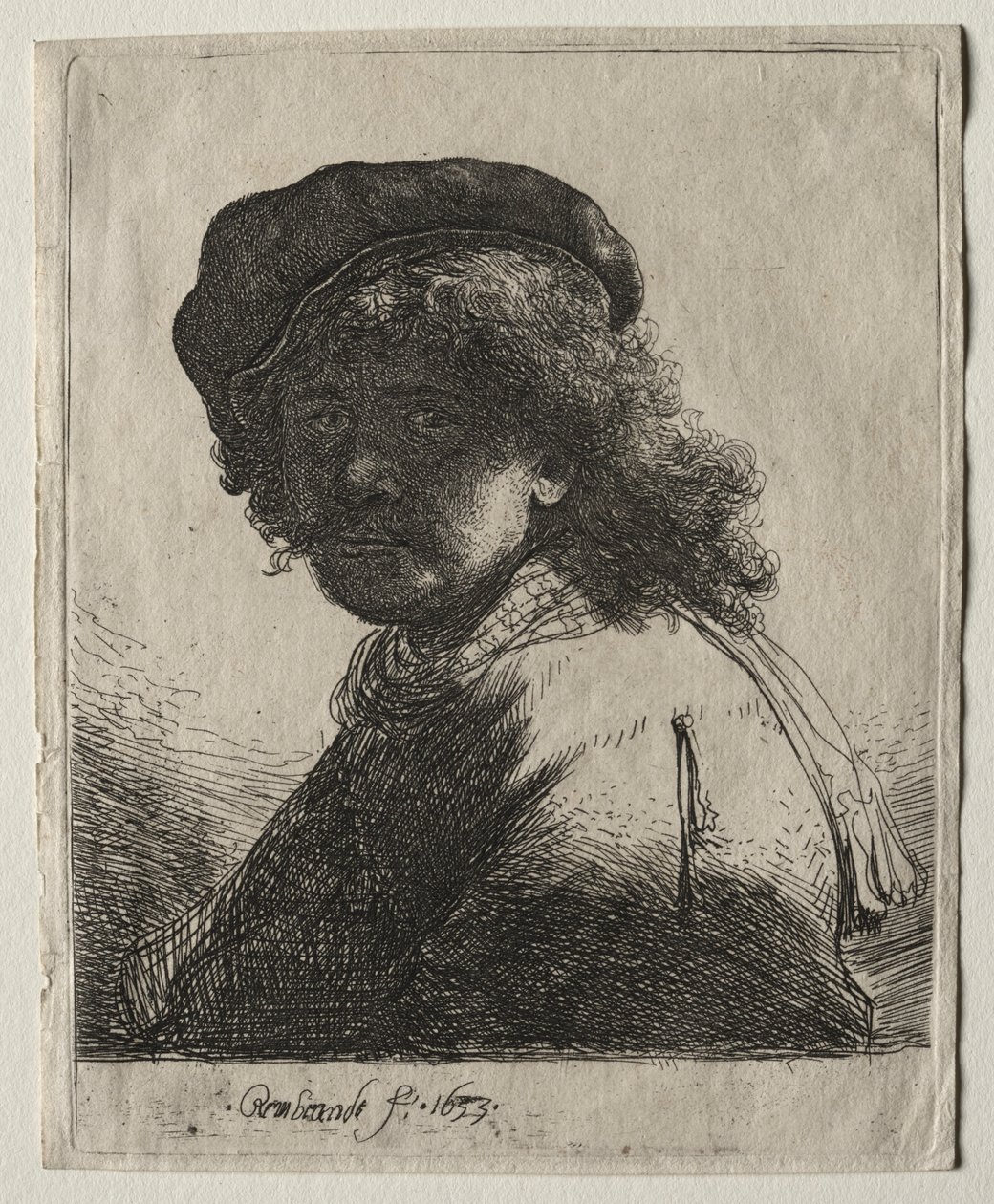 Omakuva lippiksessä ja huivissa tummilla kasvoilla: rintakuva, 1633. tekijältä Rembrandt van Rijn