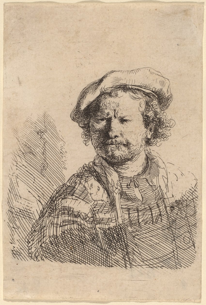 Omakuva litteässä lippiksessä ja brodeeratussa mekossa tekijältä Rembrandt van Rijn