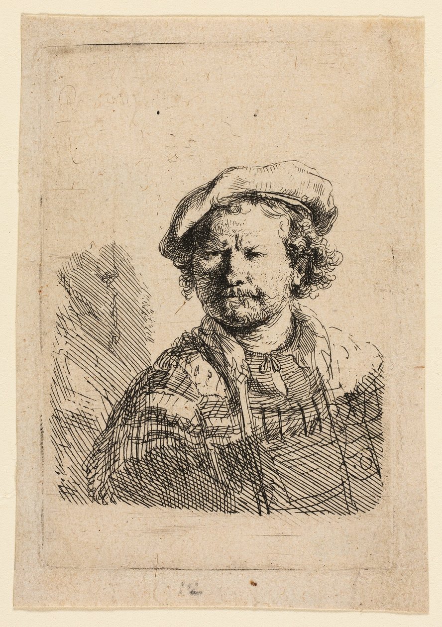 Omakuva litteässä lippiksessä ja kirjailtussa mekossa tekijältä Rembrandt van Rijn