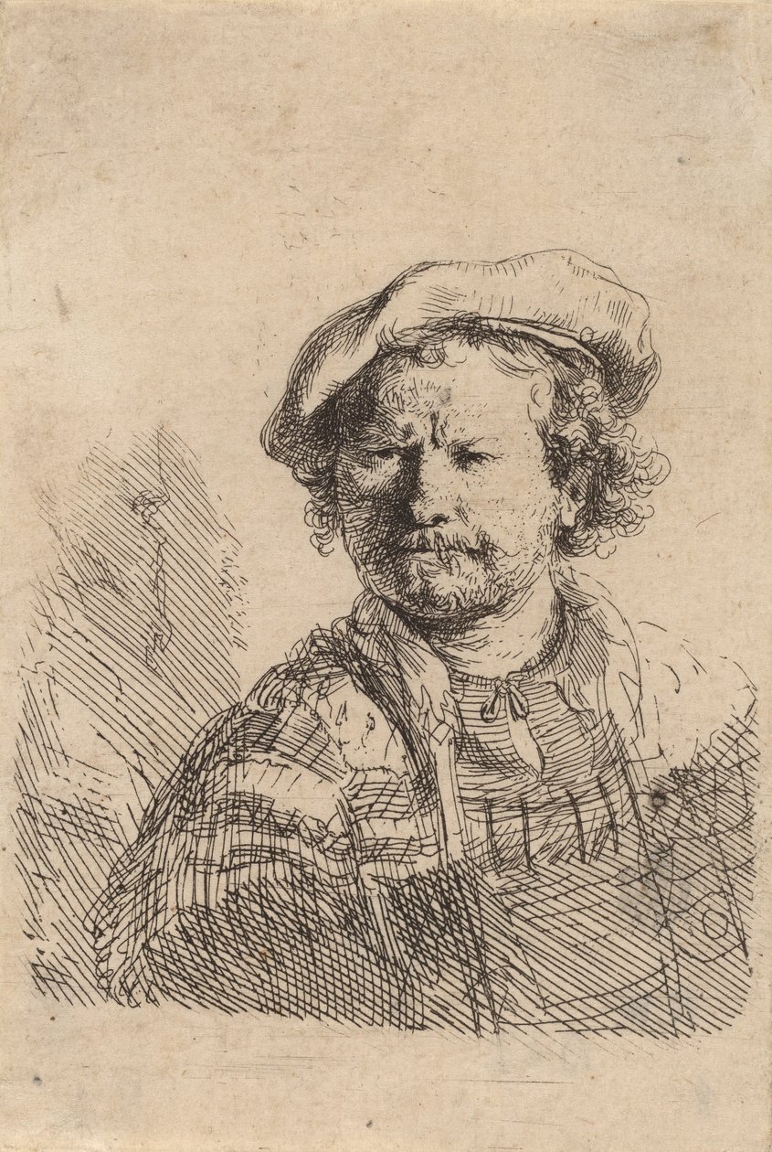 Omakuva litteässä lippiksessä ja brodeeratussa mekossa, c. 1642. tekijältä Rembrandt van Rijn