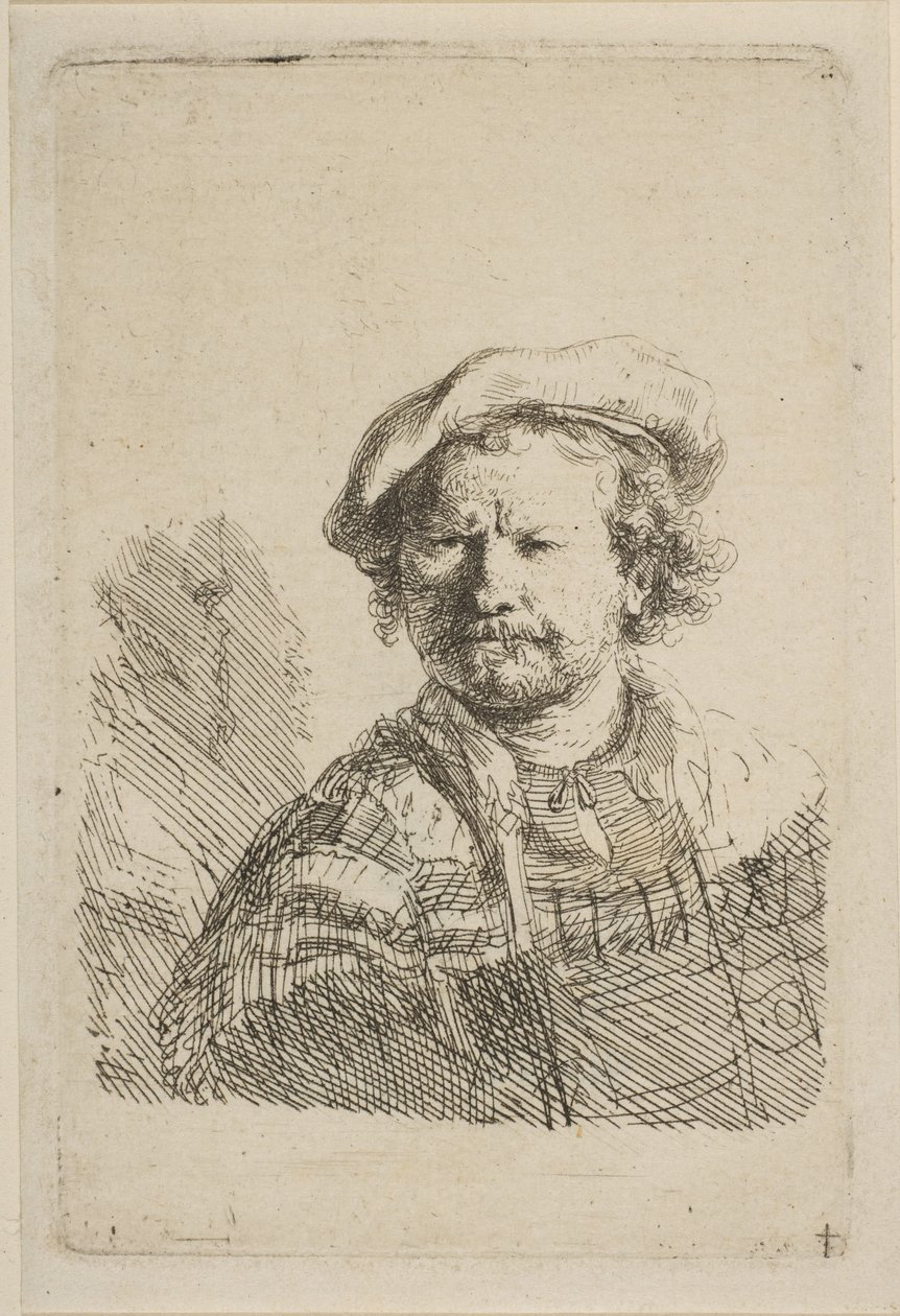 Omakuva litteässä lippiksessä ja brodeeratussa mekossa, n. 1642. tekijältä Rembrandt van Rijn