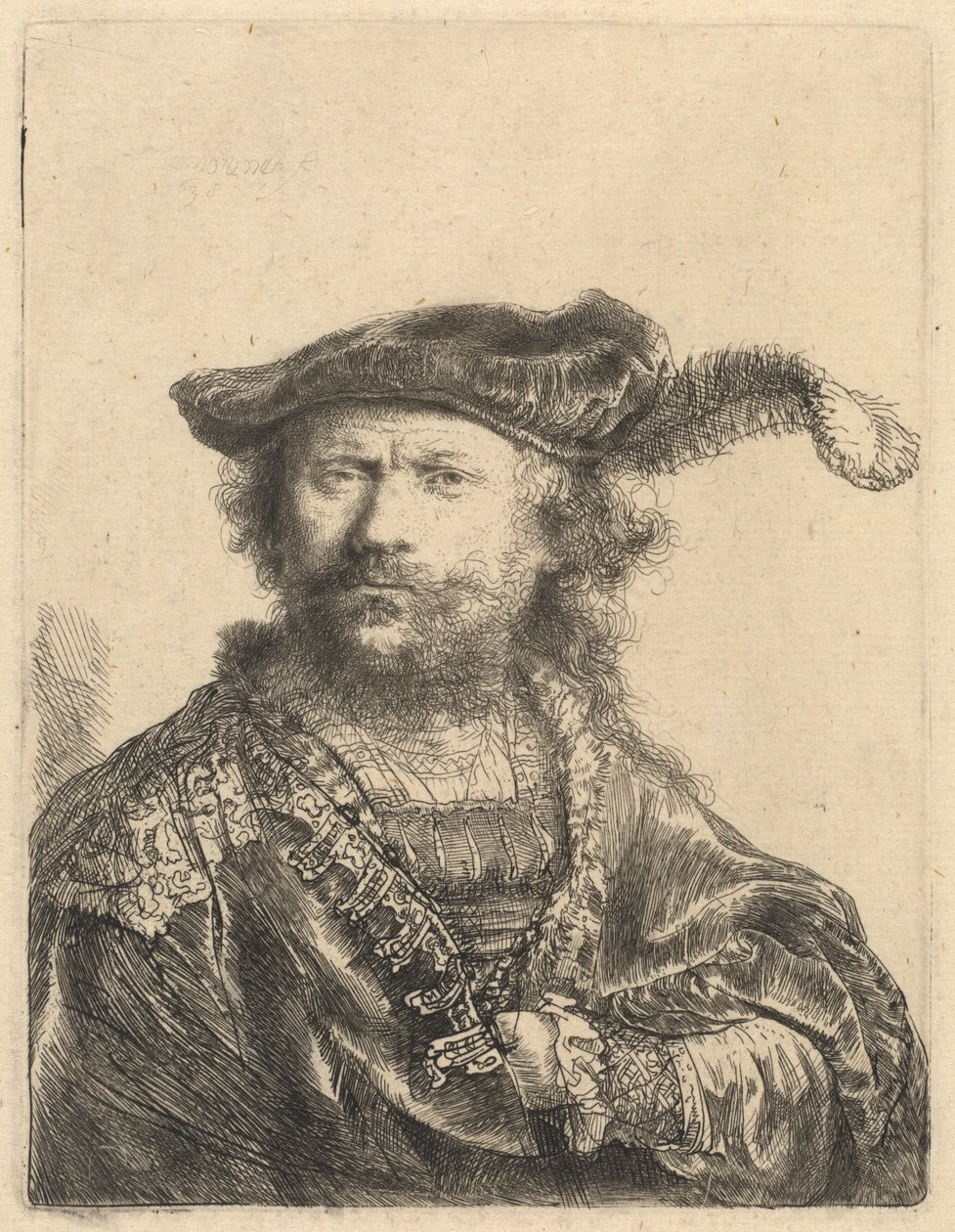 Omakuva samettilipsissä, jossa on plume tekijältä Rembrandt van Rijn
