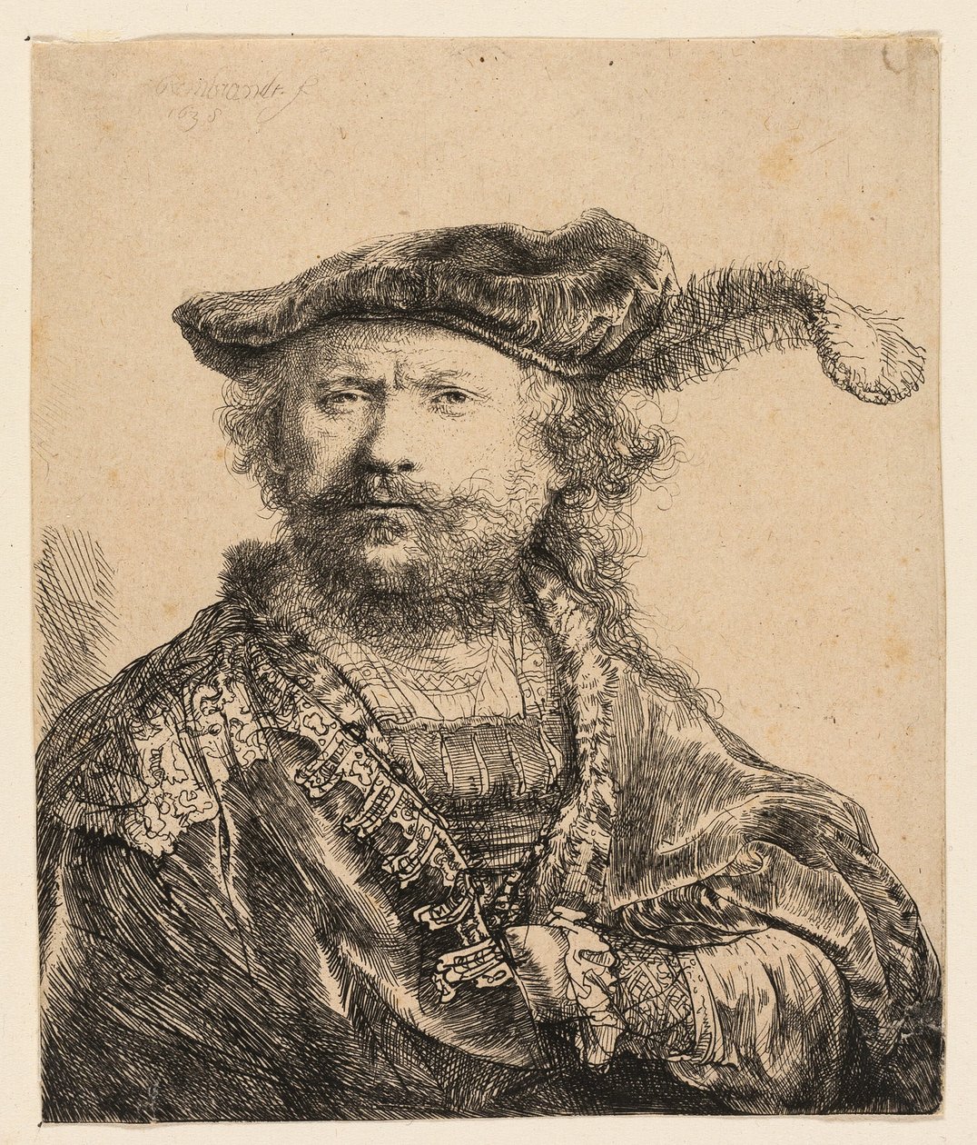 Omakuva samettilipsissä, jossa on plume tekijältä Rembrandt van Rijn