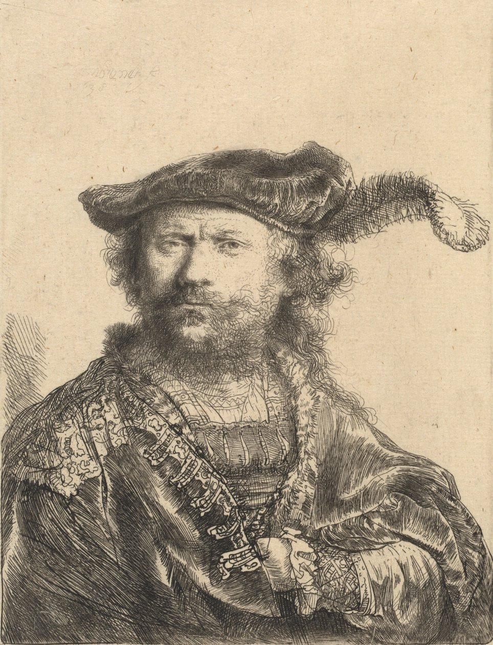 Omakuva samettilipsissä, jossa on plume, 1638. tekijältä Rembrandt van Rijn