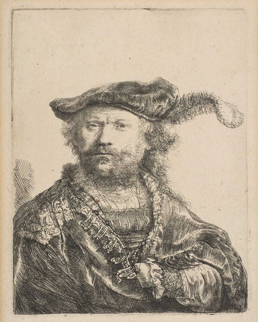 Omakuva samettilakissa, jossa on plume, 1638. tekijältä Rembrandt van Rijn
