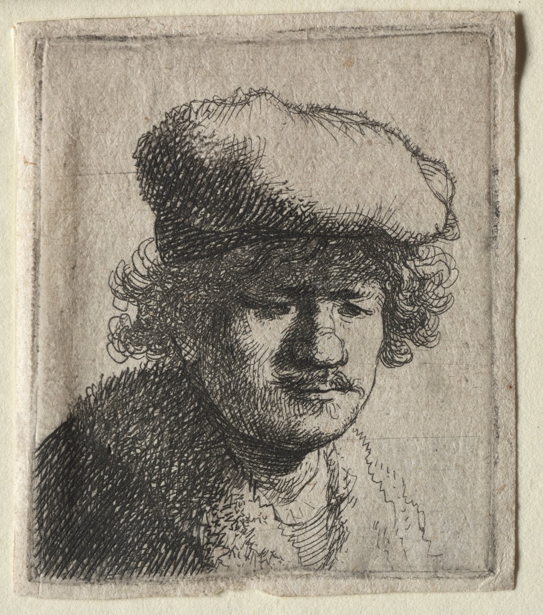Omakuva, jossa korkki vedetty eteenpäin tekijältä Rembrandt van Rijn