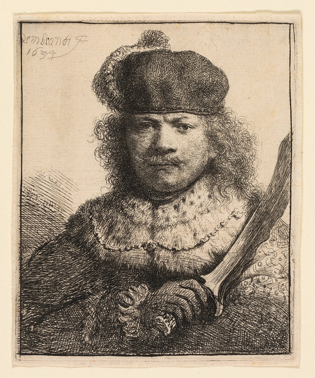 Omakuva korotetulla sapelilla tekijältä Rembrandt van Rijn