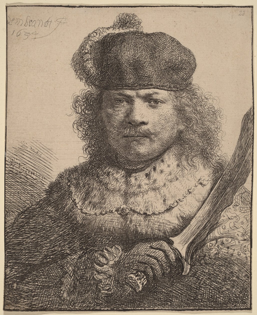 Omakuva, jossa on kohotettu miekka tekijältä Rembrandt van Rijn
