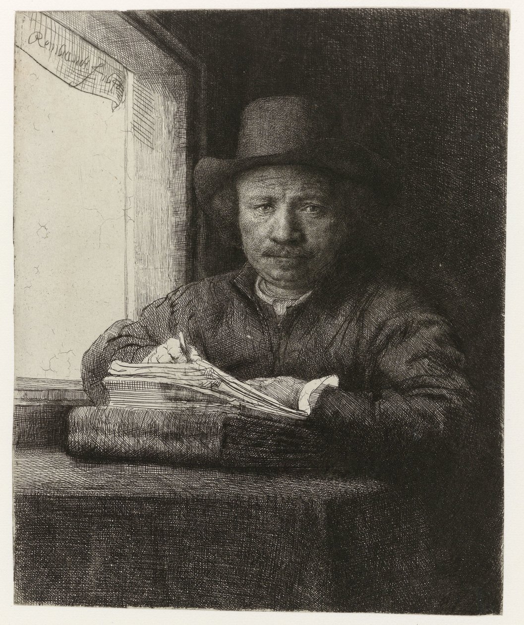 Autoretrat, aiguafort a una finestra Autoretrat gravat a una finestra tekijältä Rembrandt van Rijn