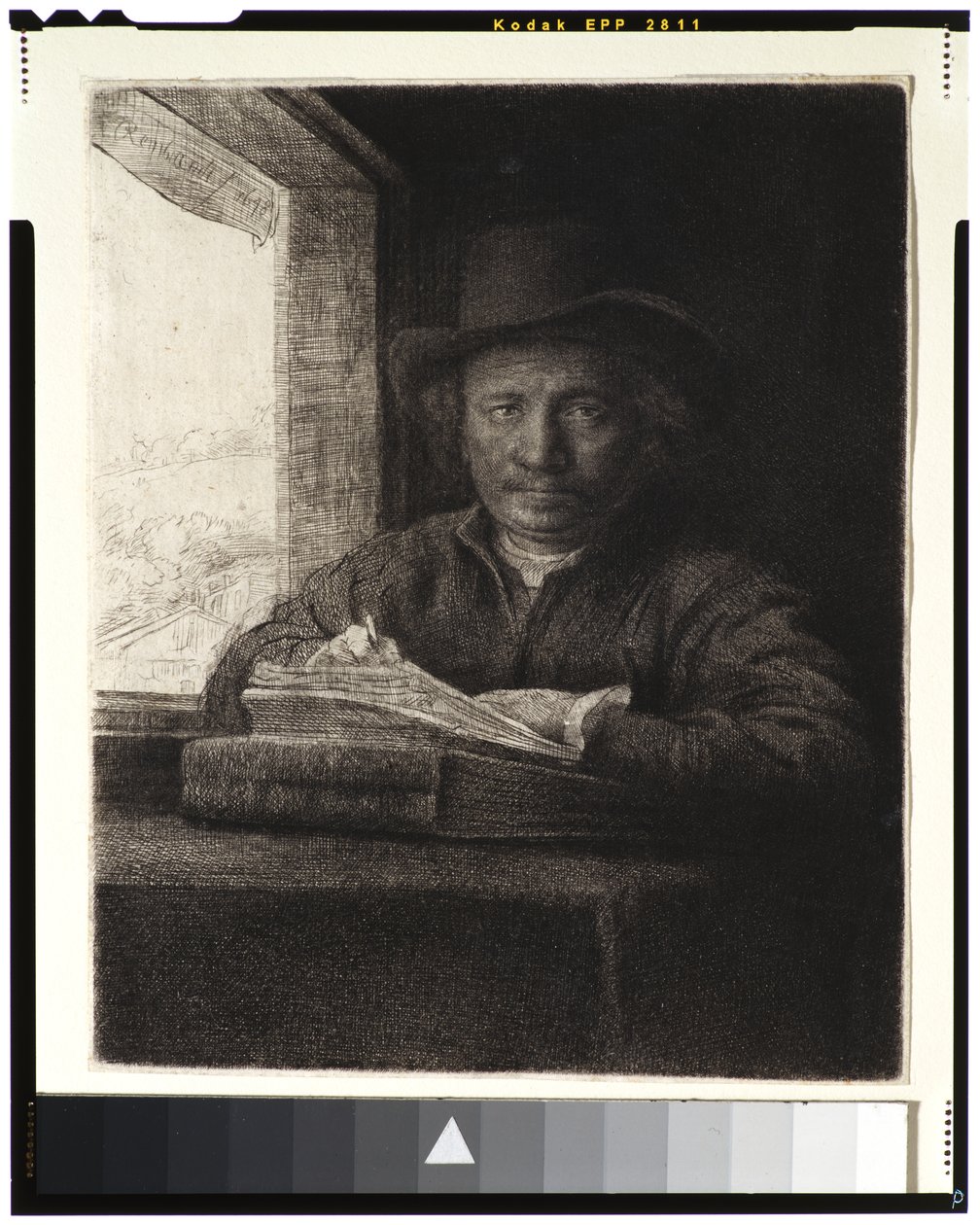 Omakuva, etsaus ikkunan ääressä, 1648 (etsaus ja kaiverrus lyijypaperille) tekijältä Rembrandt van Rijn