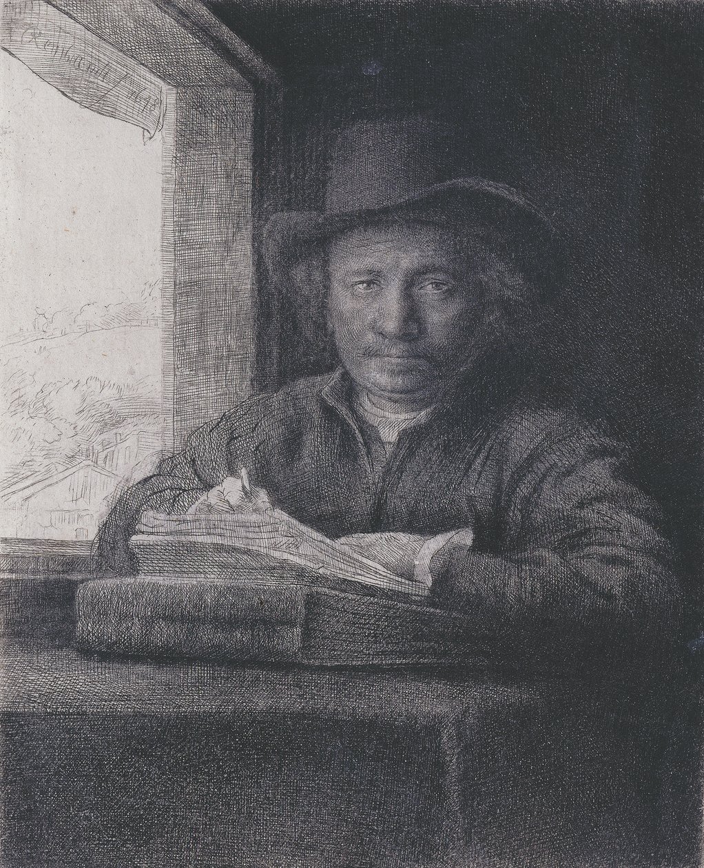 Omakuva, Etsaus ikkunassa, 1648 (etsaus ja kaiverrus ladattuun paperiin) tekijältä Rembrandt van Rijn