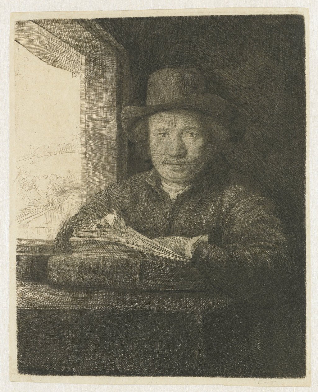 Omakuva etsaus ikkunassa tekijältä Rembrandt van Rijn