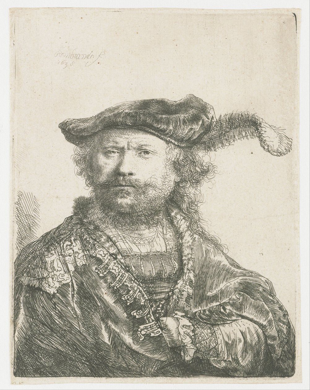 Omakuva samettilakissa, jossa on plume Omakuva samettilakissa, jossa on täpliä tekijältä Rembrandt van Rijn