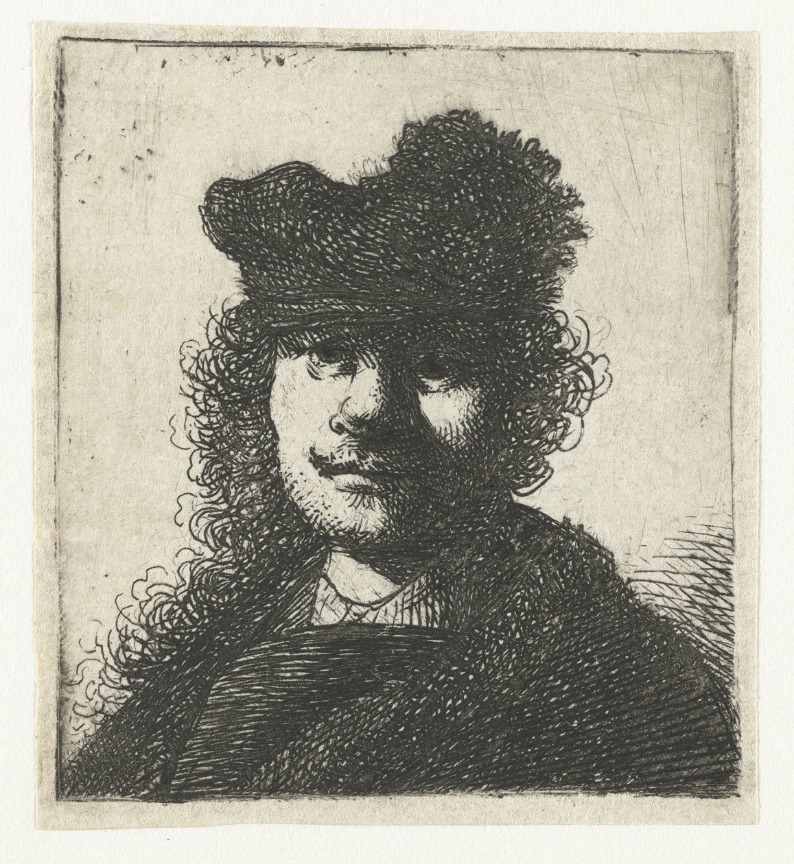 Omakuva lippiksessä ja tummassa viitassa: rintakuva tekijältä Rembrandt van Rijn