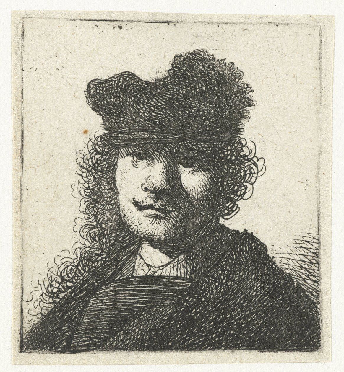 Omakuva lippiksessä ja tummassa viitassa: rintakuva tekijältä Rembrandt van Rijn