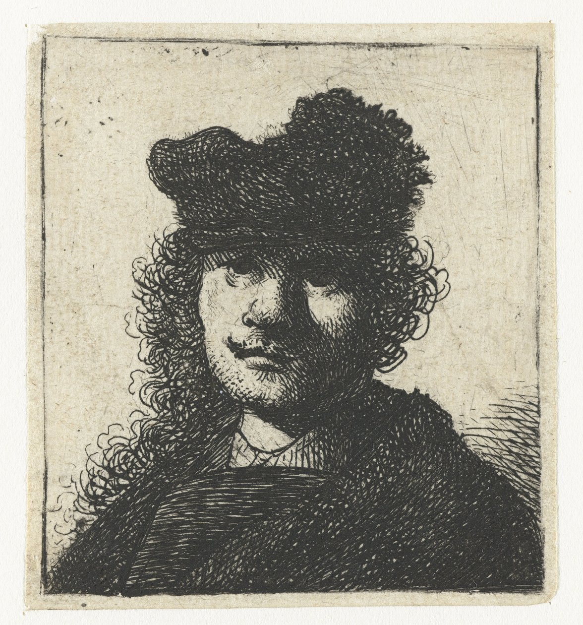 Omakuva lippiksessä ja tummassa viitassa: rintakuva tekijältä Rembrandt van Rijn