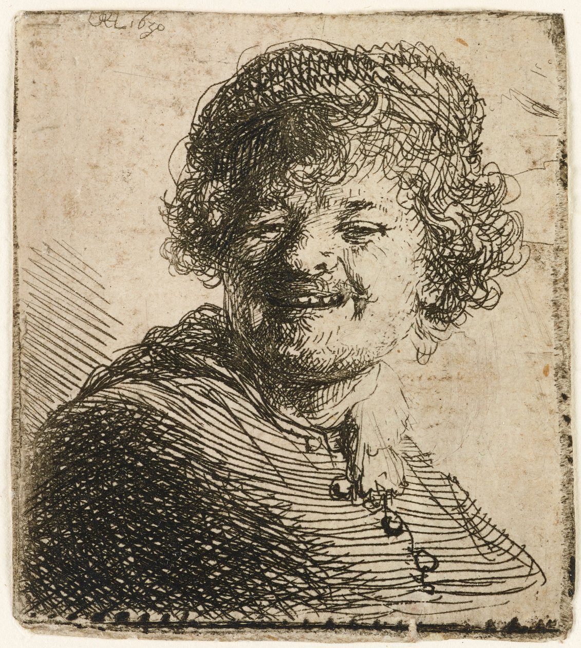 Omakuva lippiksessä: nauraa, 1630. tekijältä Rembrandt van Rijn