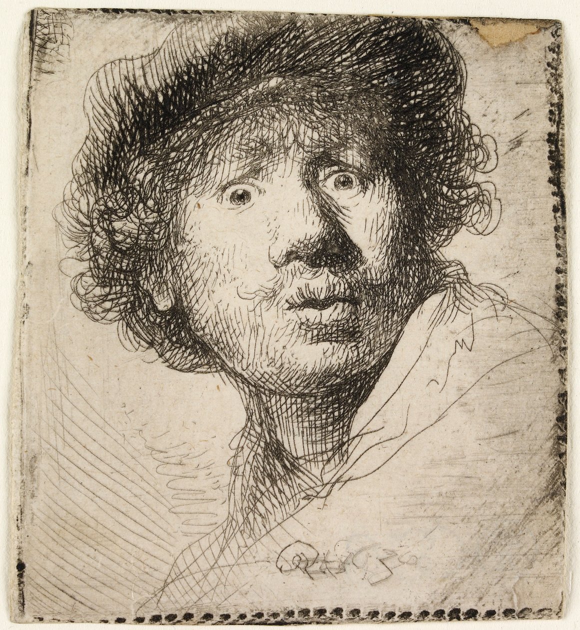 Omakuva lippiksessä: suu auki, 1630. tekijältä Rembrandt van Rijn