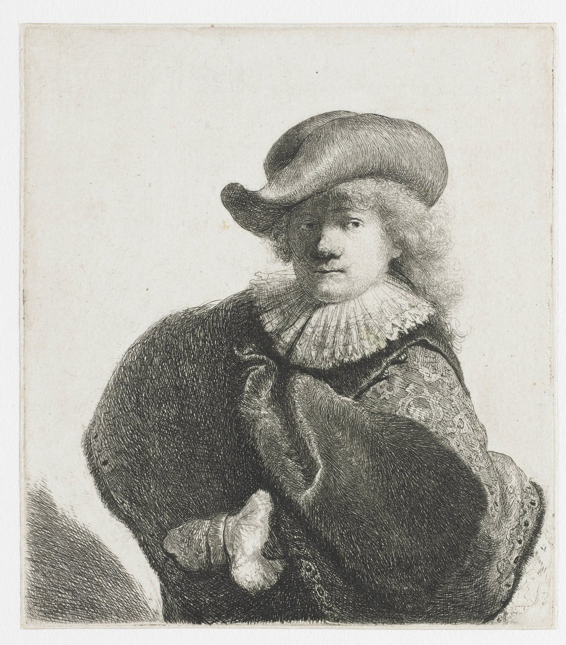 Omakuva pehmeässä hatussa ja kuviollisessa viitassa tekijältä Rembrandt van Rijn